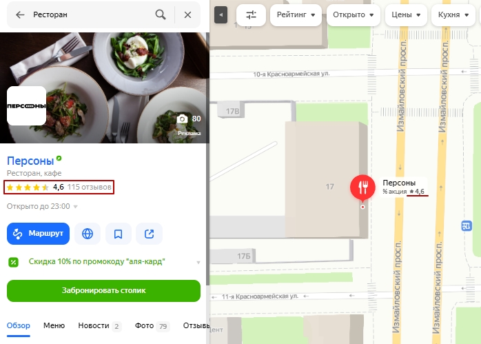 Оценка и отзывы в карточке заведения